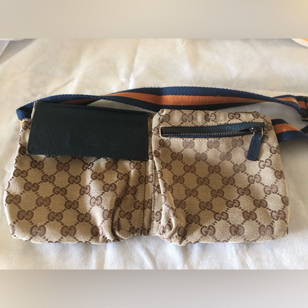 Gucci Gg Monogram Canvas /Leather Belt Bag (Rare) Blue/Orange Web Band | 17g26a